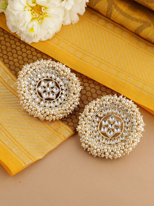 Shoshaa off-White Gold-Polished Kundan Studded & Beaded Circular Drop Earrings | Swadesiicart