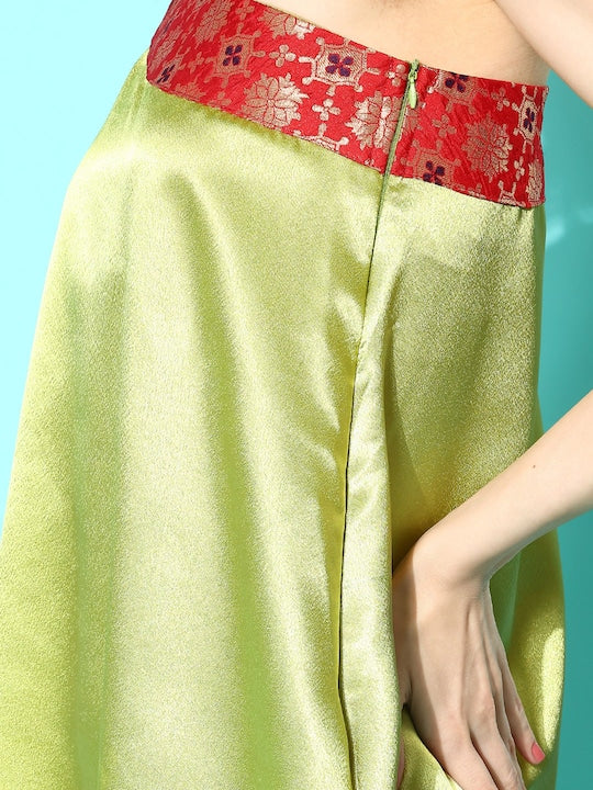 InWeave Women's Olive Red Brocade Satin Oneshoulder Kurta Set - Swadesiicart