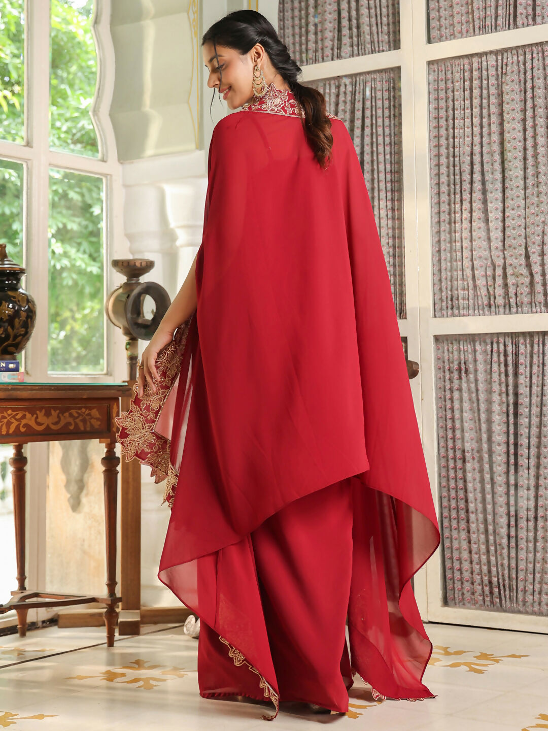 Janasya Maroon Georgette Solid Top Bottom Cape | Swadesiicart