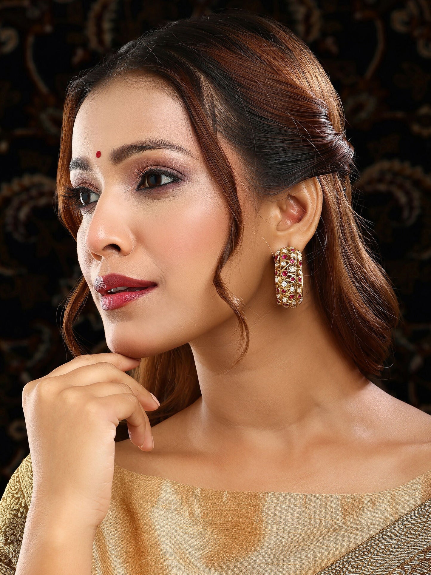 Ruby Raang Gold Polished Maroon Round Kundan Loops | Swadesiicart