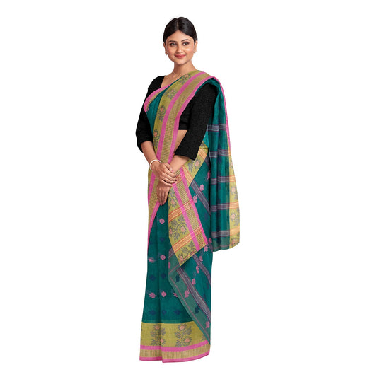 Exclusive Collection 100% Pure Cotton Green Tant Saree With Hand Weaving Work - Swadesiicart