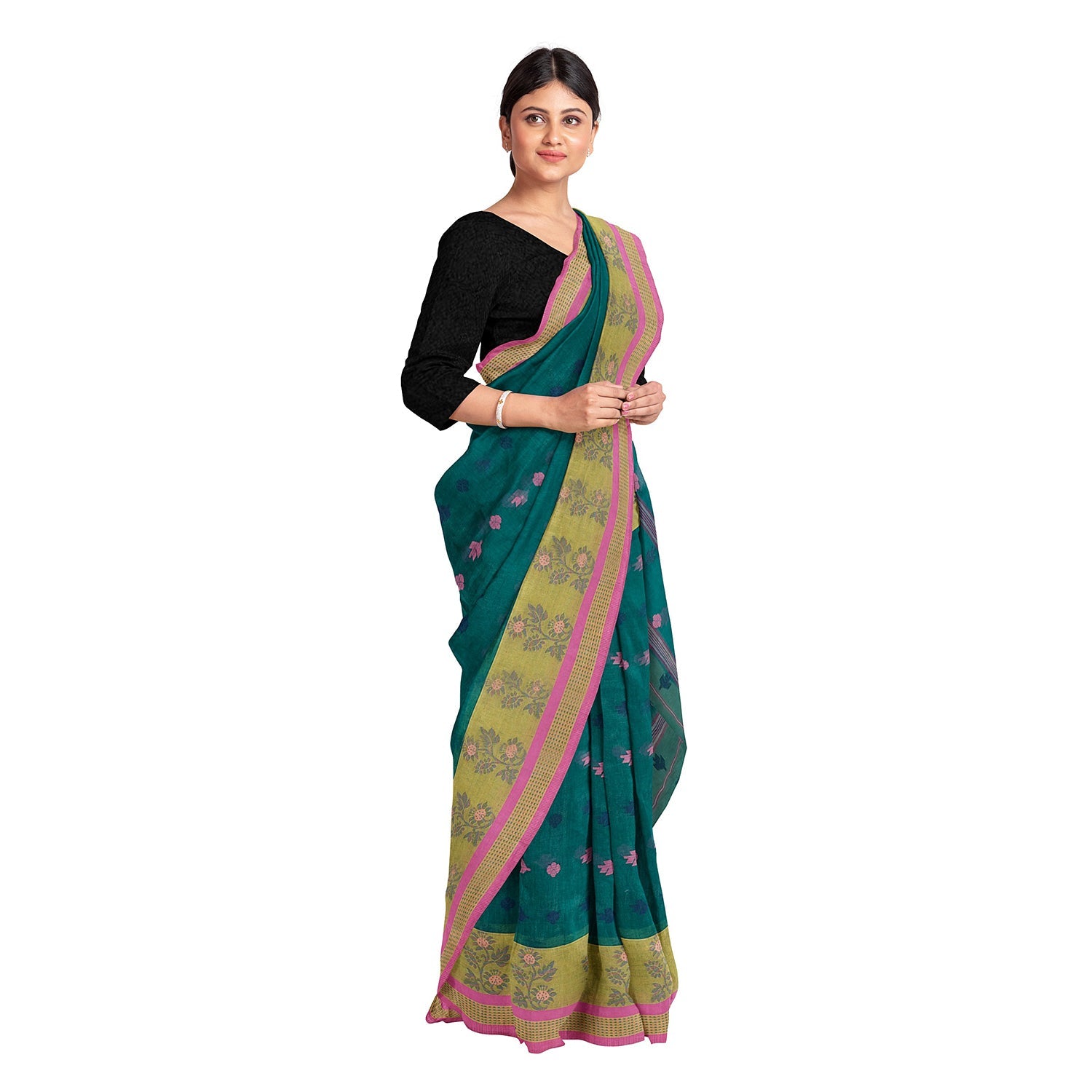 Exclusive Collection 100% Pure Cotton Green Tant Saree With Hand Weaving Work - Swadesiicart