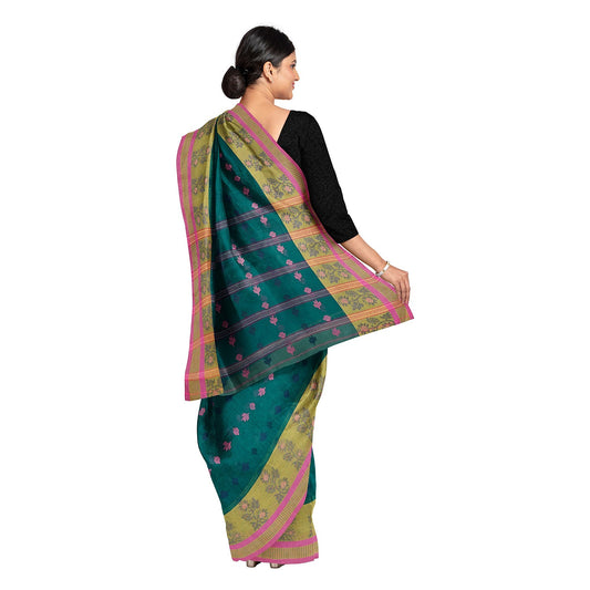 Exclusive Collection 100% Pure Cotton Green Tant Saree With Hand Weaving Work - Swadesiicart
