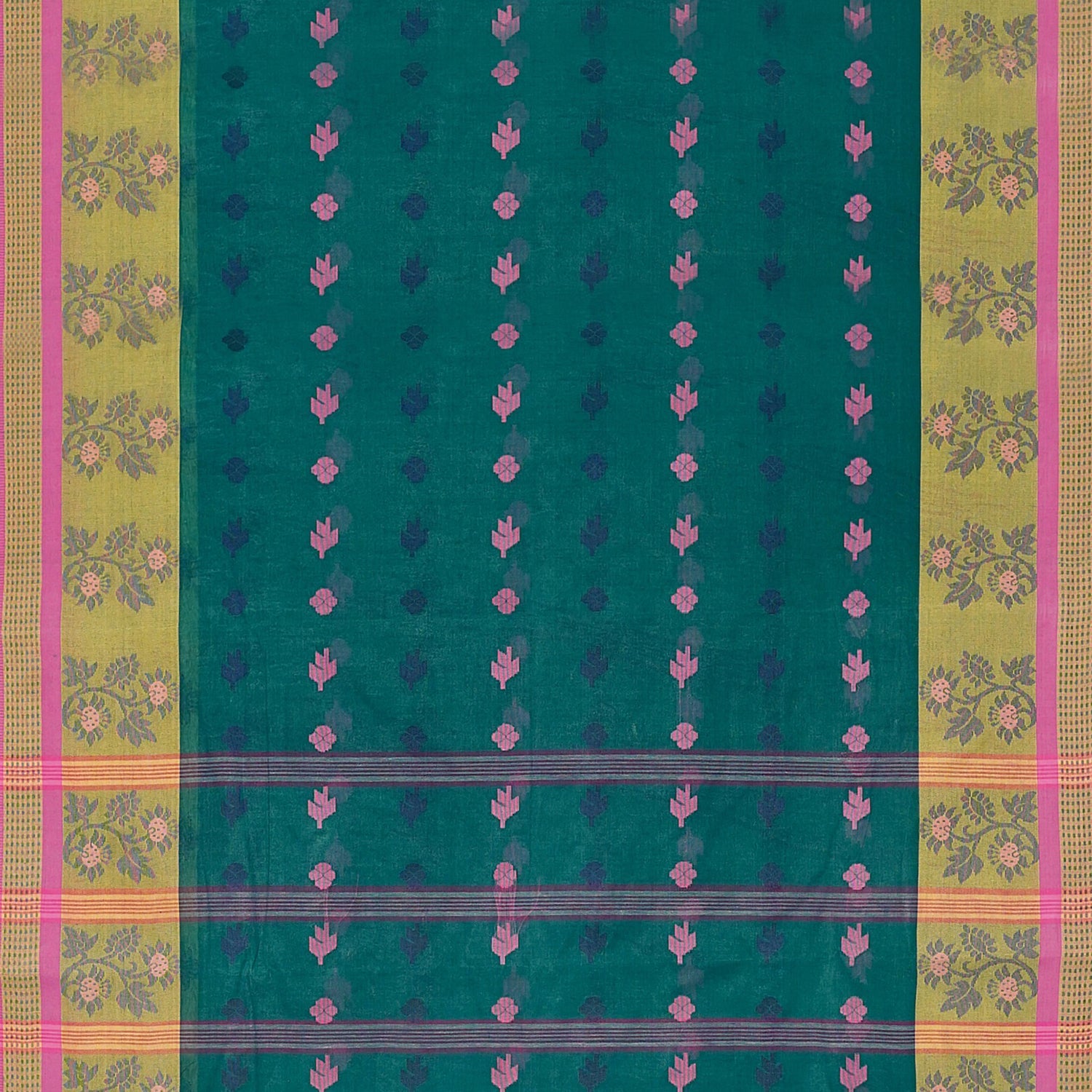Exclusive Collection 100% Pure Cotton Green Tant Saree With Hand Weaving Work - Swadesiicart