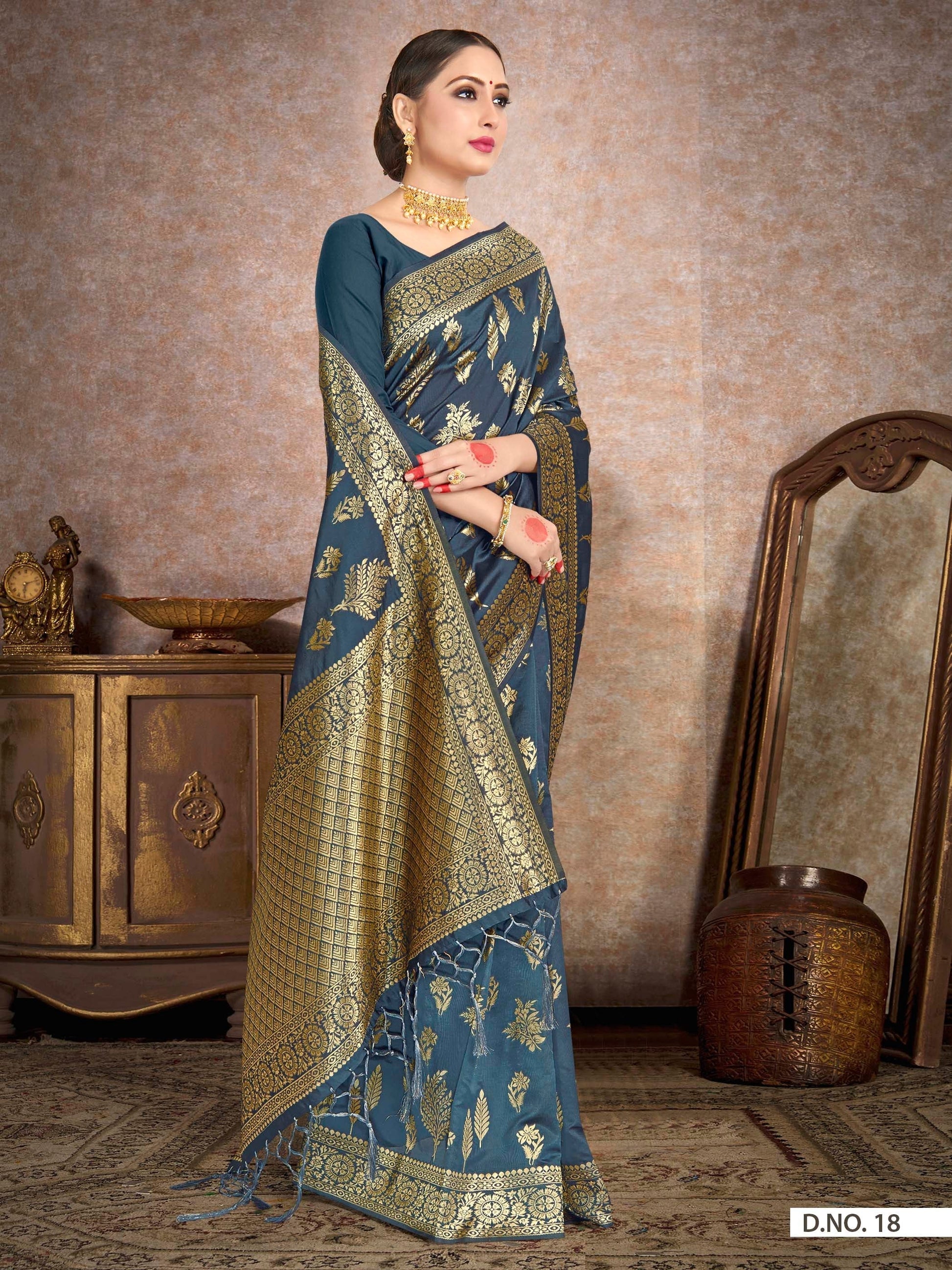 Vardha Aegean Blue Woven Banarasi Saree | Swadesiicart