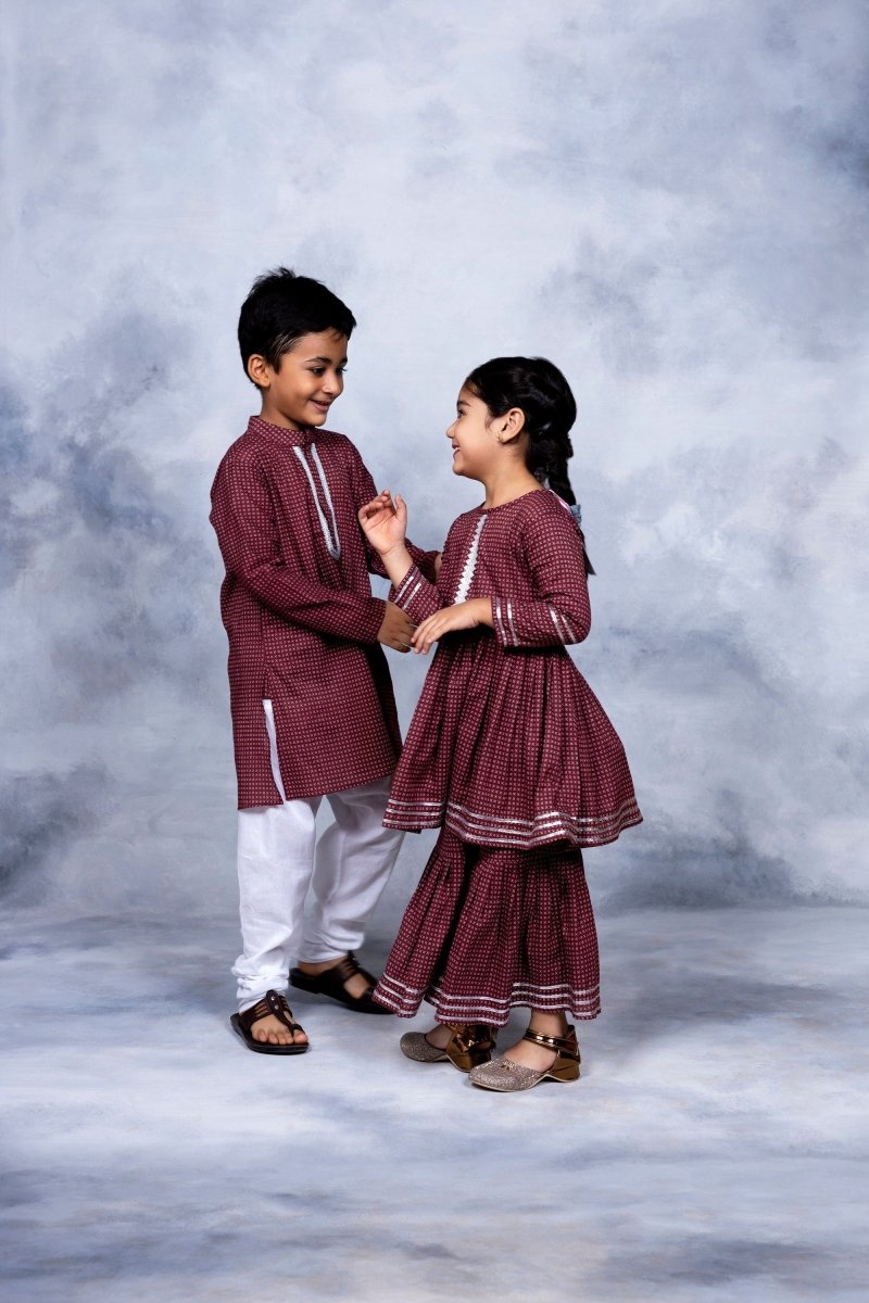 Ahalyaa Boys Maroon Pure Cotton Digital Print Kids Kurta Churidar Set | Swadesiicart