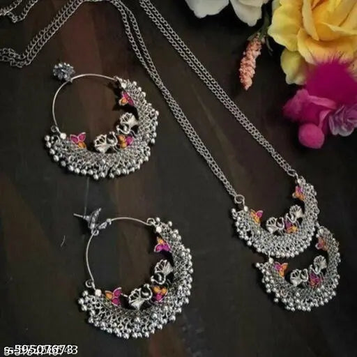 Tehzeeb Creations Women's Silver Colour Oxidised Necklace And Earrings With Peacock Design - Swadesiicart