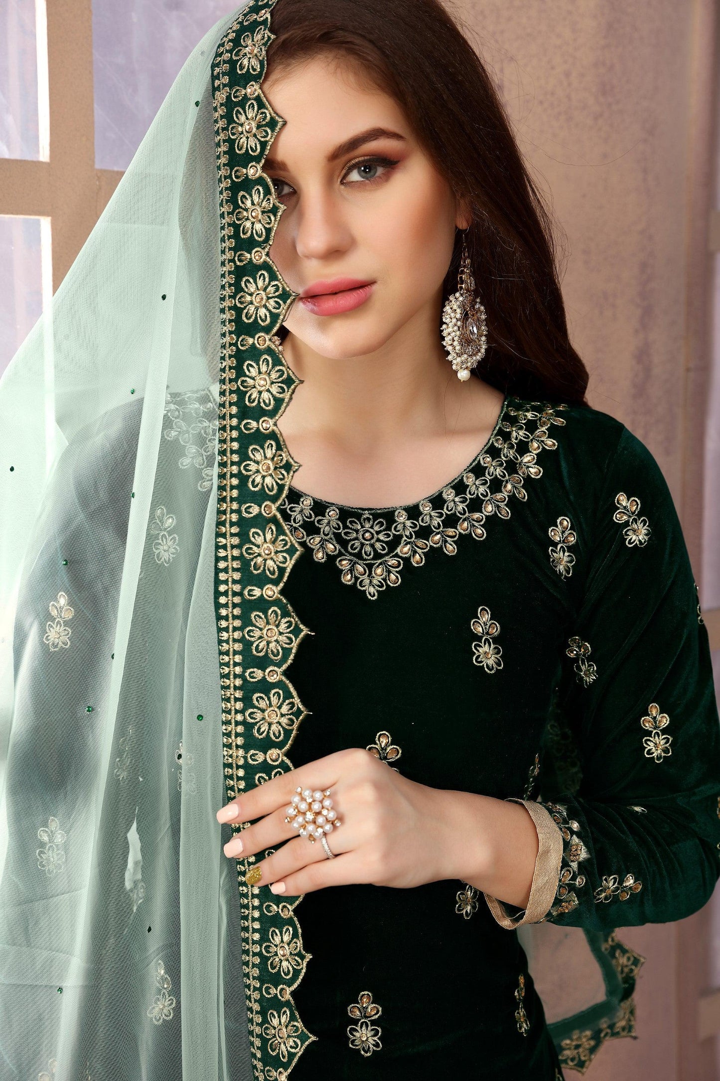 Anaita Green Embroidered Velvet Patiala Suit