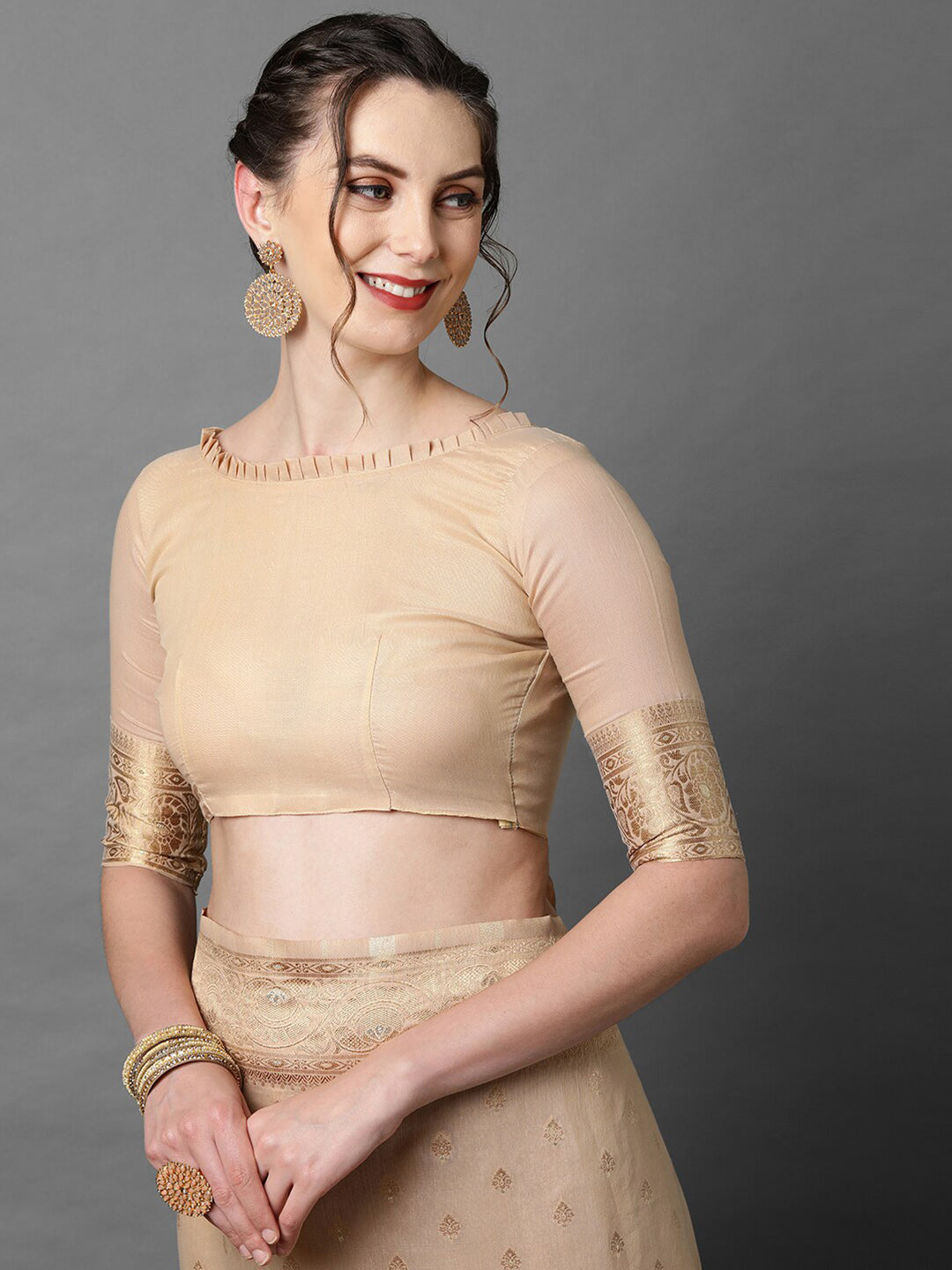 Mitera Cream-Coloured & Gold-Coloured Ethnic Motifs Silk Blend Banarasi Saree | Swadesiicart
