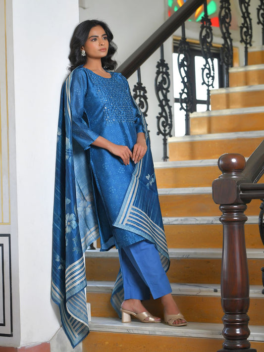 Vaasva Women's Indigo Muslin Digital Printed Suit Set | Swadesiicart