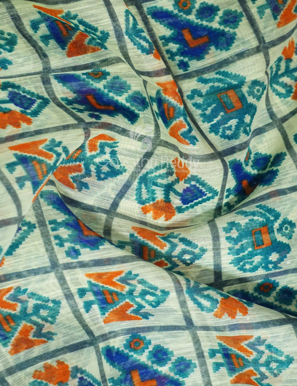 Shades of Cream Colour And Ink Blue Blouse Patola Design Semi Chanderi Saree By Gayathri Reddy Designer Studio | Swadesiicart