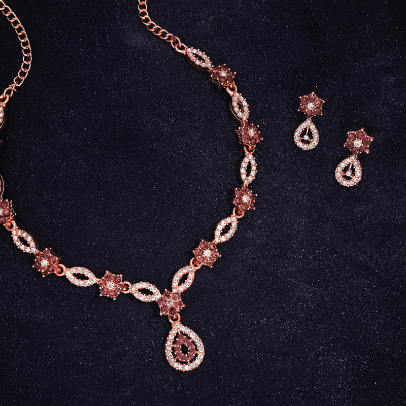Tehzeeb Creations Elegant Rose Gold Polished American Diamond (Ad) Studded Necklace And Earring Set For Women - Swadesiicart