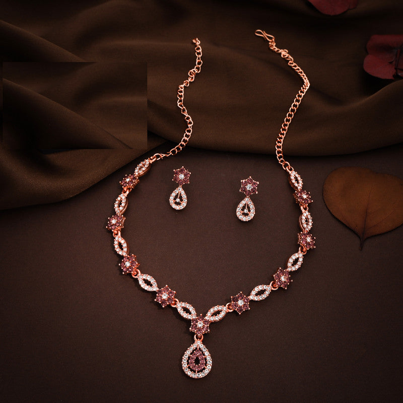 Tehzeeb Creations Elegant Rose Gold Polished American Diamond (Ad) Studded Necklace And Earring Set For Women - Swadesiicart