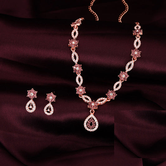 Tehzeeb Creations Elegant Rose Gold Polished American Diamond (Ad) Studded Necklace And Earring Set For Women - Swadesiicart