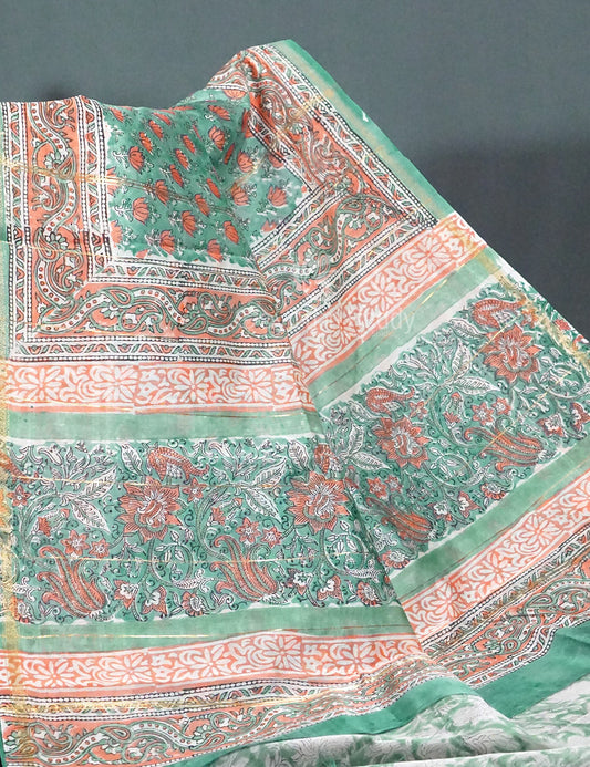 Dazzling Sea Green Colour With Lotus Buttes Pure Chanderi Sico Saree By Gayathri Reddy Designer Studio | Swadesiicart