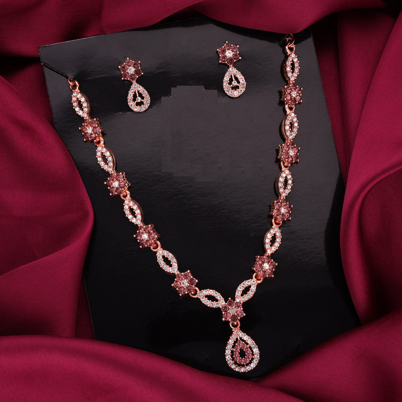 Tehzeeb Creations Elegant Rose Gold Polished American Diamond (Ad) Studded Necklace And Earring Set For Women - Swadesiicart