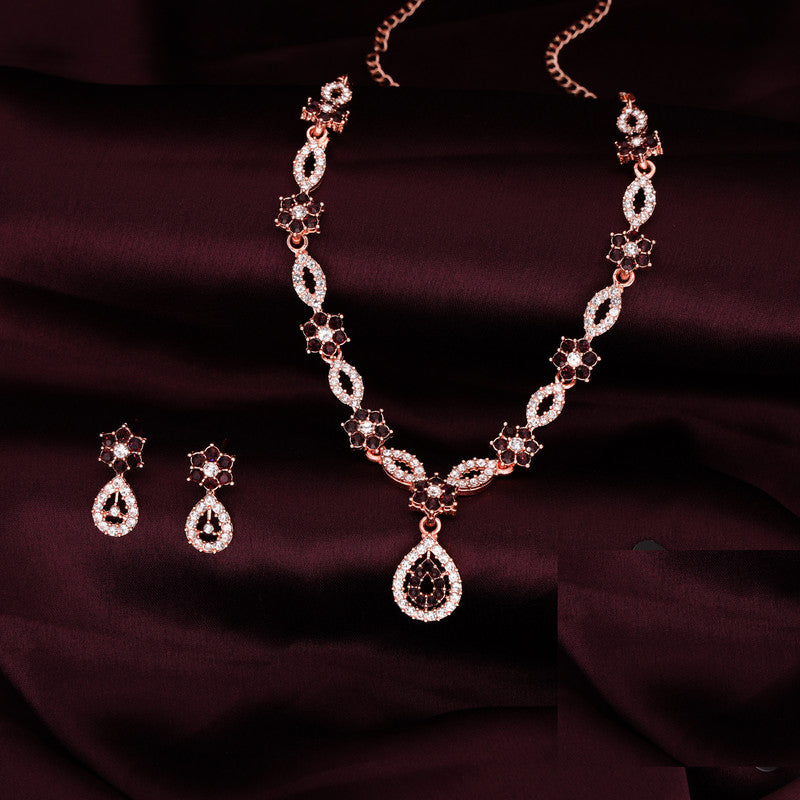Tehzeeb Creations Elegant Maroon Polished American Diamond (Ad) Studded Necklace And Earring Set For Women - Swadesiicart