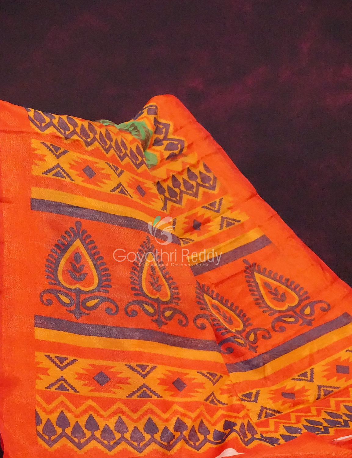 Parrot Green And Orange Colour Printed Cotton Brasso Saree By Gayathri Reddy Designer Studio | Swadesiicart
