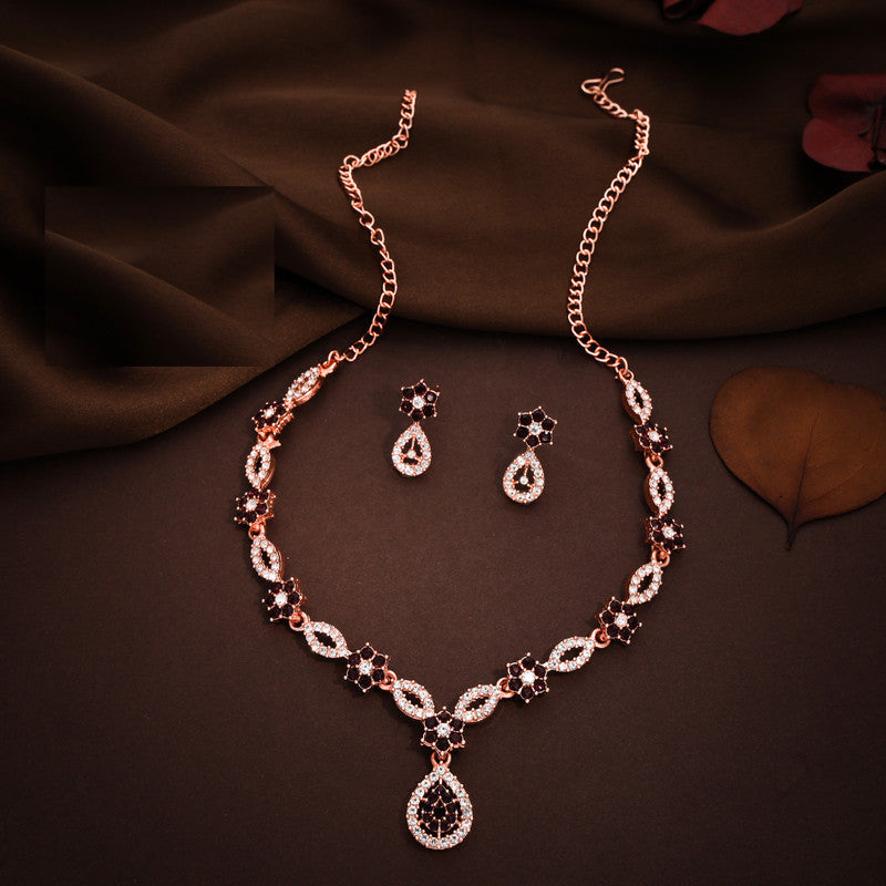 Tehzeeb Creations Elegant Maroon Polished American Diamond (Ad) Studded Necklace And Earring Set For Women - Swadesiicart