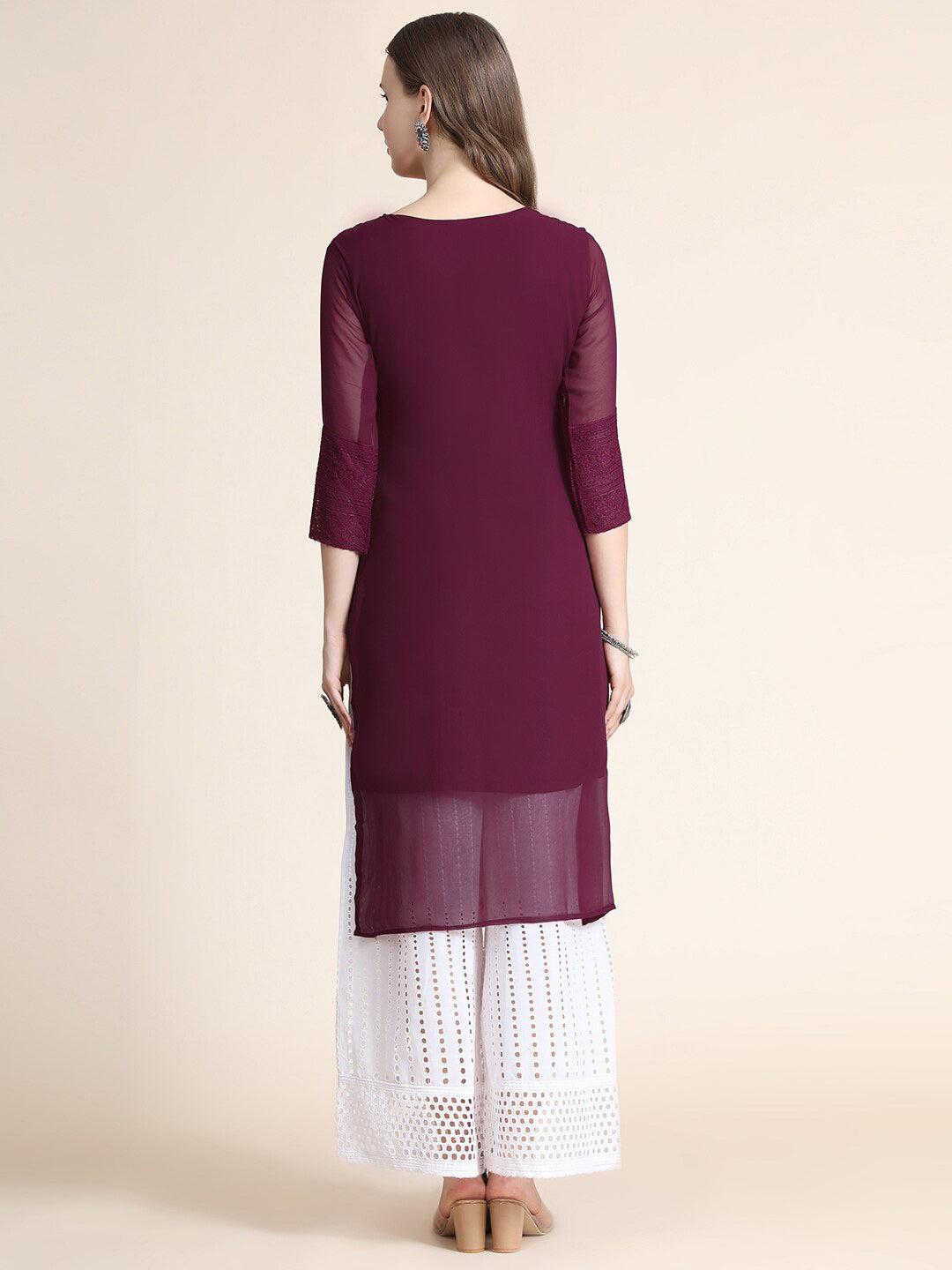 Kalini Women Burgundy Ethnic Motifs Chikankari Kurta | Swadesiicart