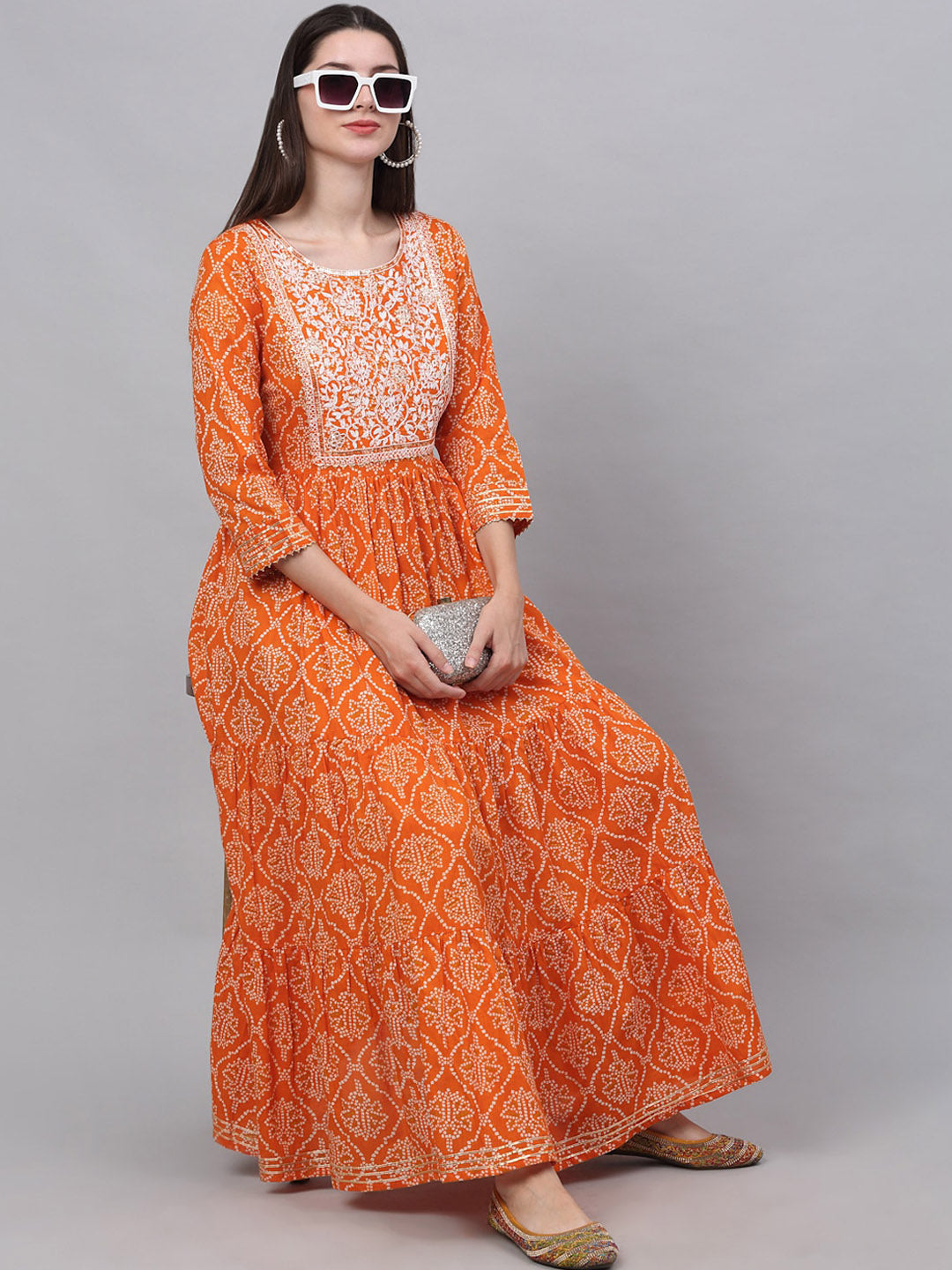 Kalini Women Orange Ethnic Motifs Printed Cotton Anarkali Kurta - Swadesiicart