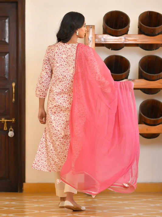Vaasva Women's Classic Cream Cotton Foil Printedembroidered Suit Set | Swadesiicart