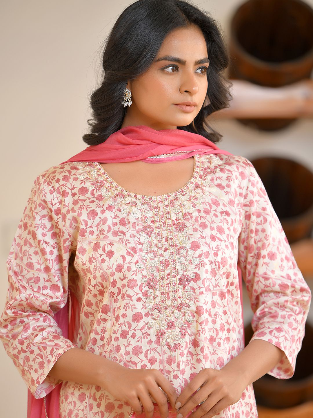 Vaasva Women's Classic Cream Cotton Foil Printedembroidered Suit Set | Swadesiicart