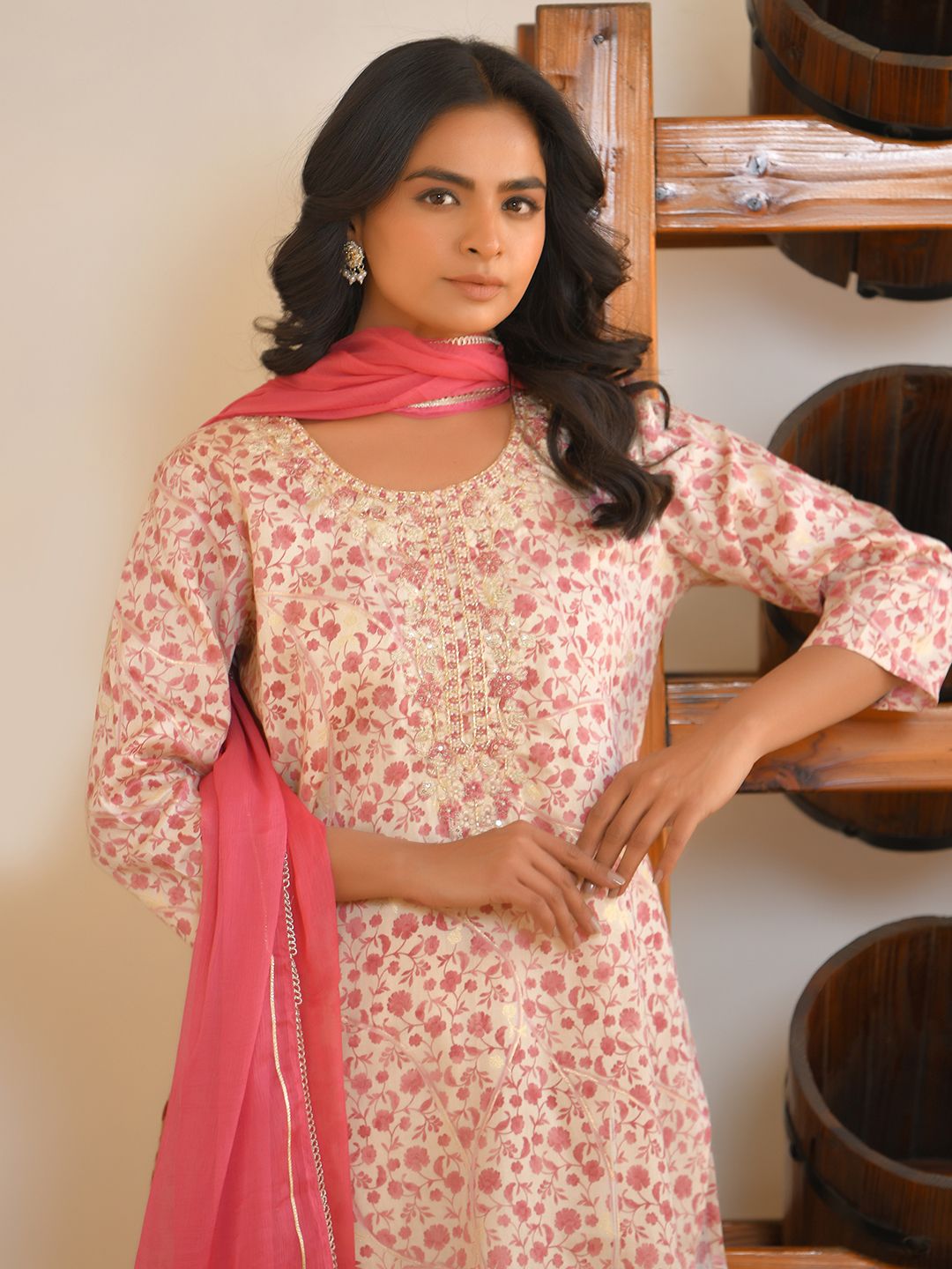 Vaasva Women's Classic Cream Cotton Foil Printedembroidered Suit Set | Swadesiicart