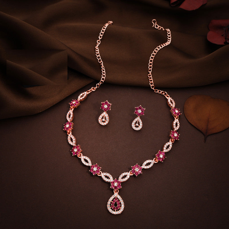 Tehzeeb Creations Elegant Pink Polished American Diamond (Ad) Studded Necklace And Earring Set For Women - Swadesiicart