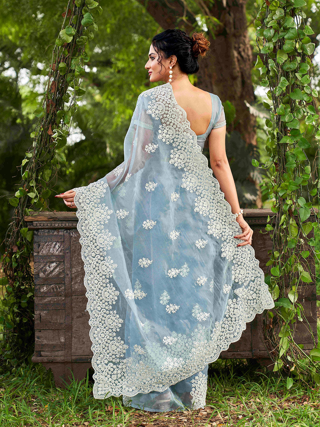 Tikhi Imli Ethnic Motifs Beads and Stones Organza Heavy Work Saree | Swadesiicart