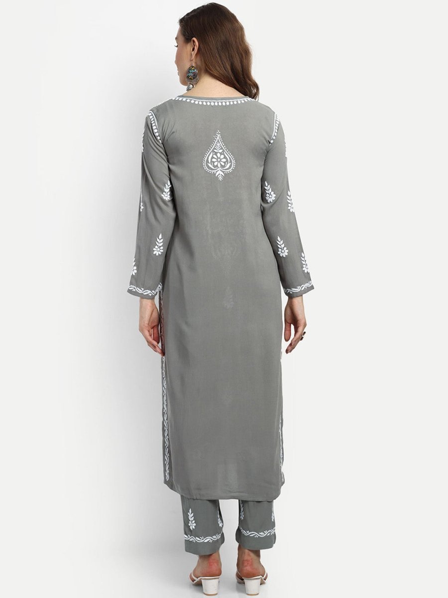 ADA Ethnic Motifs Embroidered Lucknowi Chikankari Kurta with Trousers | Swadesiicart