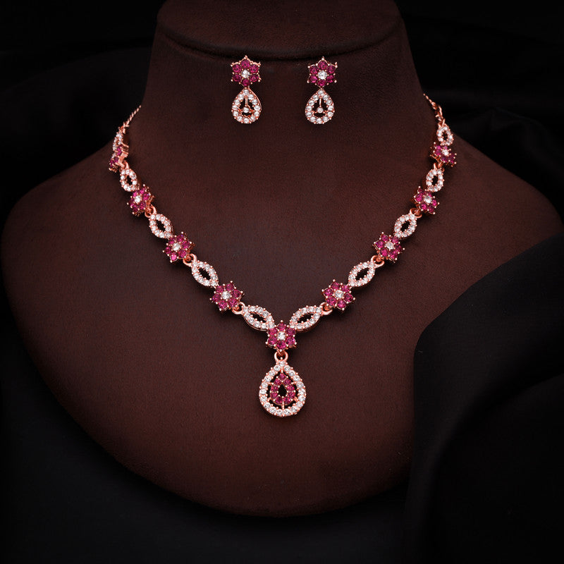 Tehzeeb Creations Elegant Pink Polished American Diamond (Ad) Studded Necklace And Earring Set For Women - Swadesiicart