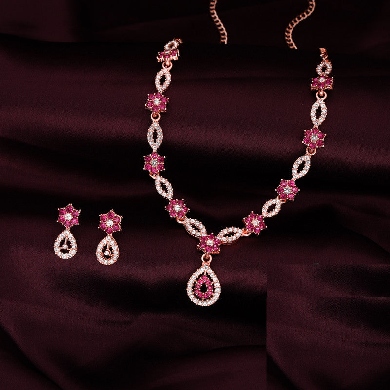 Tehzeeb Creations Elegant Pink Polished American Diamond (Ad) Studded Necklace And Earring Set For Women - Swadesiicart