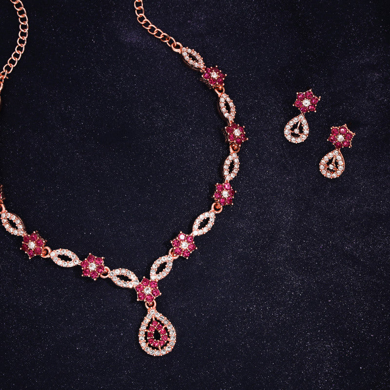 Tehzeeb Creations Elegant Pink Polished American Diamond (Ad) Studded Necklace And Earring Set For Women - Swadesiicart