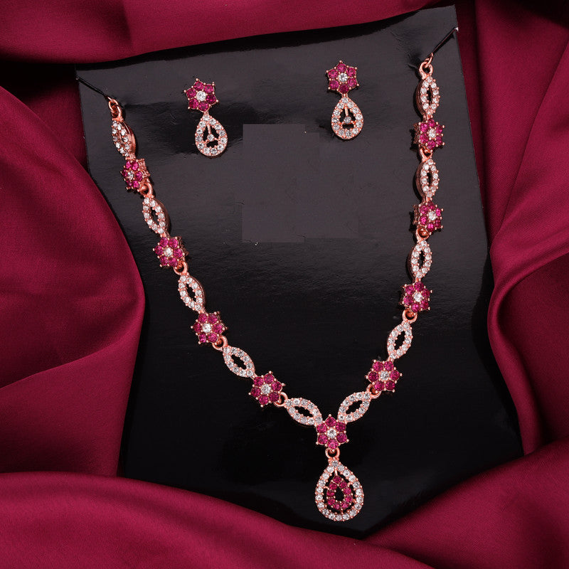 Tehzeeb Creations Elegant Pink Polished American Diamond (Ad) Studded Necklace And Earring Set For Women - Swadesiicart