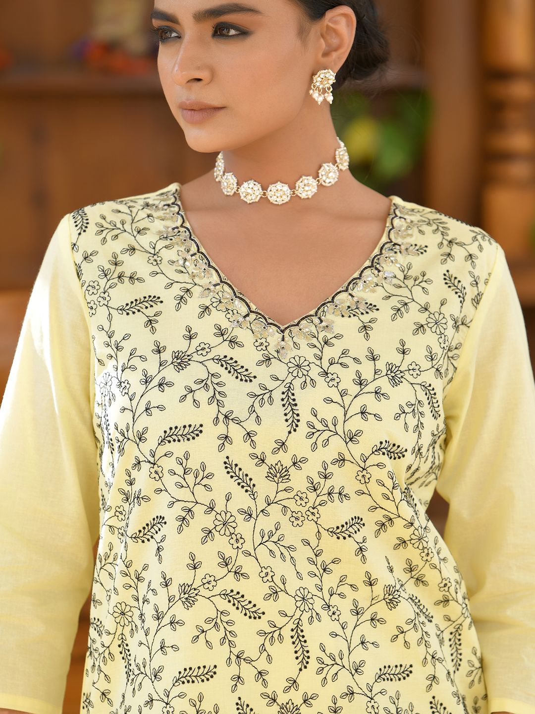Vaasva Women's Cotton Solid Lemon Embroidered Suit Set | Swadesiicart