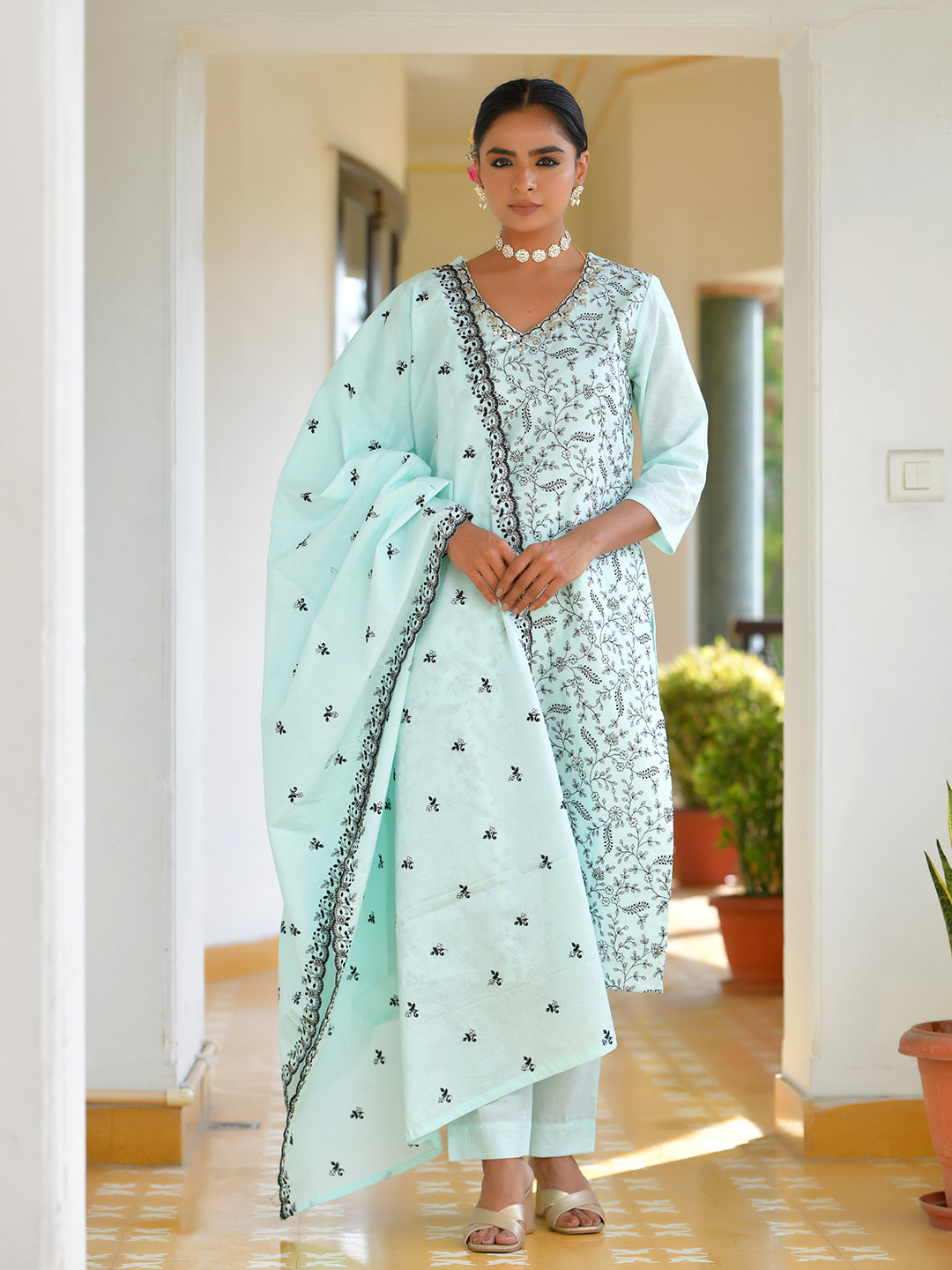 Vaasva Women's Cotton Solid Sky Embroidered Suit Set | Swadesiicart