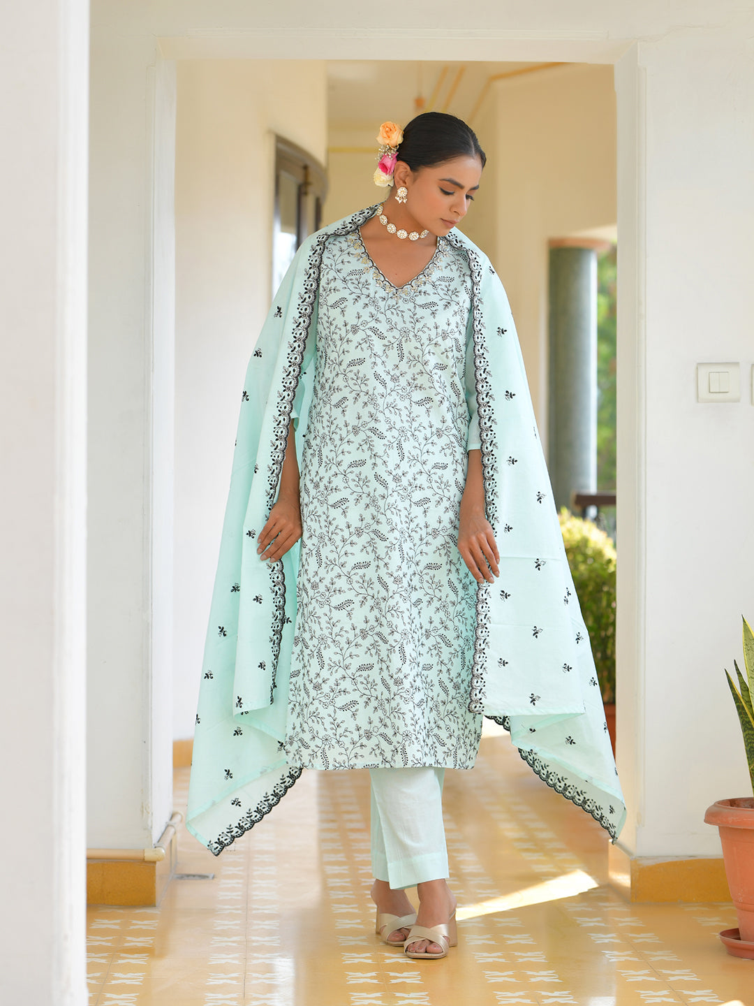 Vaasva Women's Cotton Solid Sky Embroidered Suit Set | Swadesiicart