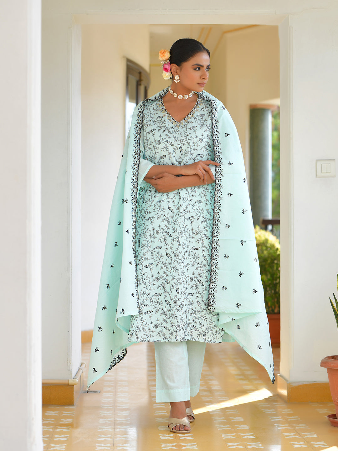 Vaasva Women's Cotton Solid Sky Embroidered Suit Set | Swadesiicart