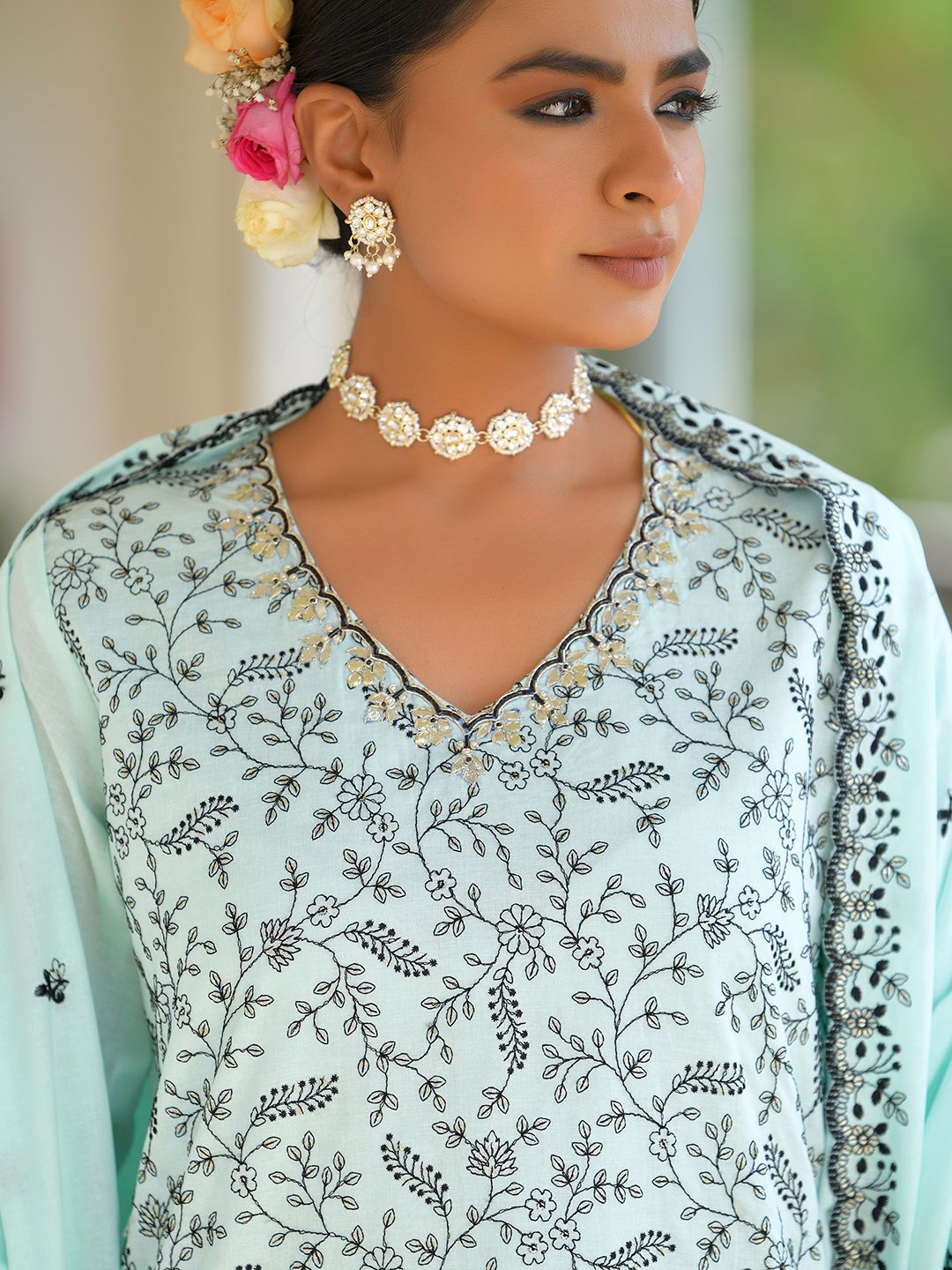 Vaasva Women's Cotton Solid Sky Embroidered Suit Set | Swadesiicart