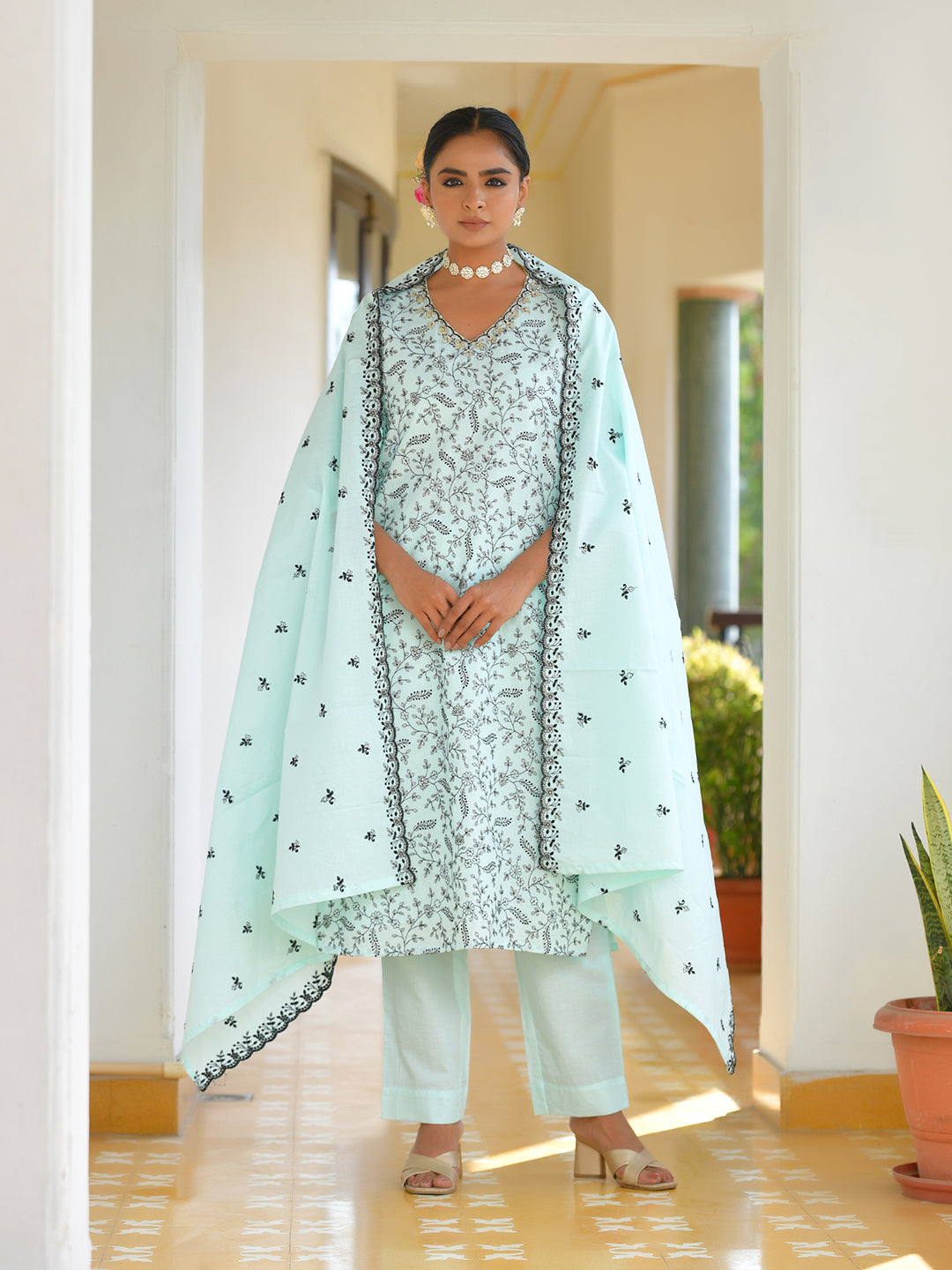 Vaasva Women's Cotton Solid Sky Embroidered Suit Set | Swadesiicart