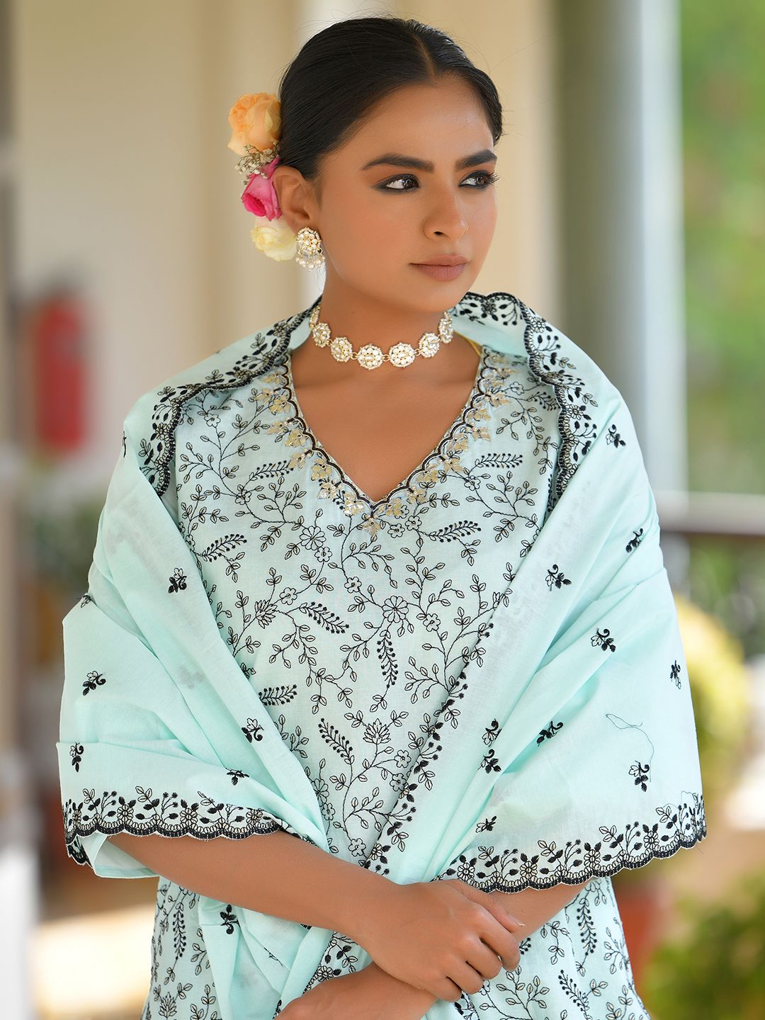 Vaasva Women's Cotton Solid Sky Embroidered Suit Set | Swadesiicart