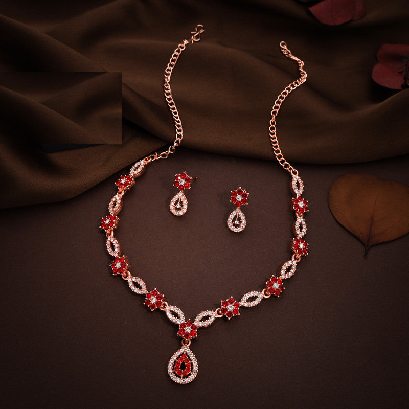Tehzeeb Creations Elegant Red Polished American Diamond (Ad) Studded Necklace And Earring Set For Women - Swadesiicart
