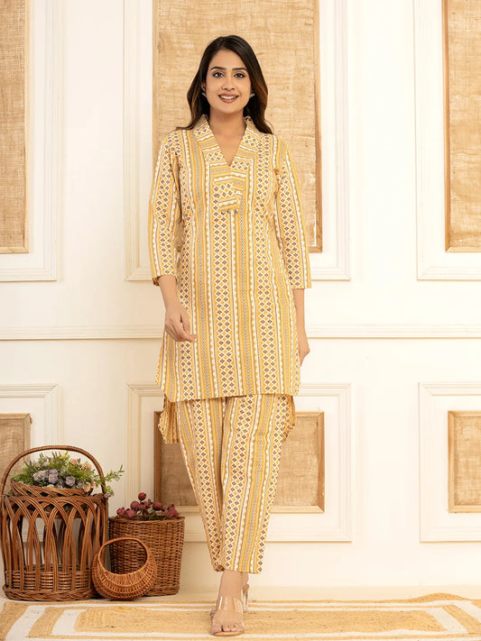 Yufta Mustard Cotton Ethnic Motifs Striped Print Co-Ord Set - Swadesiicart