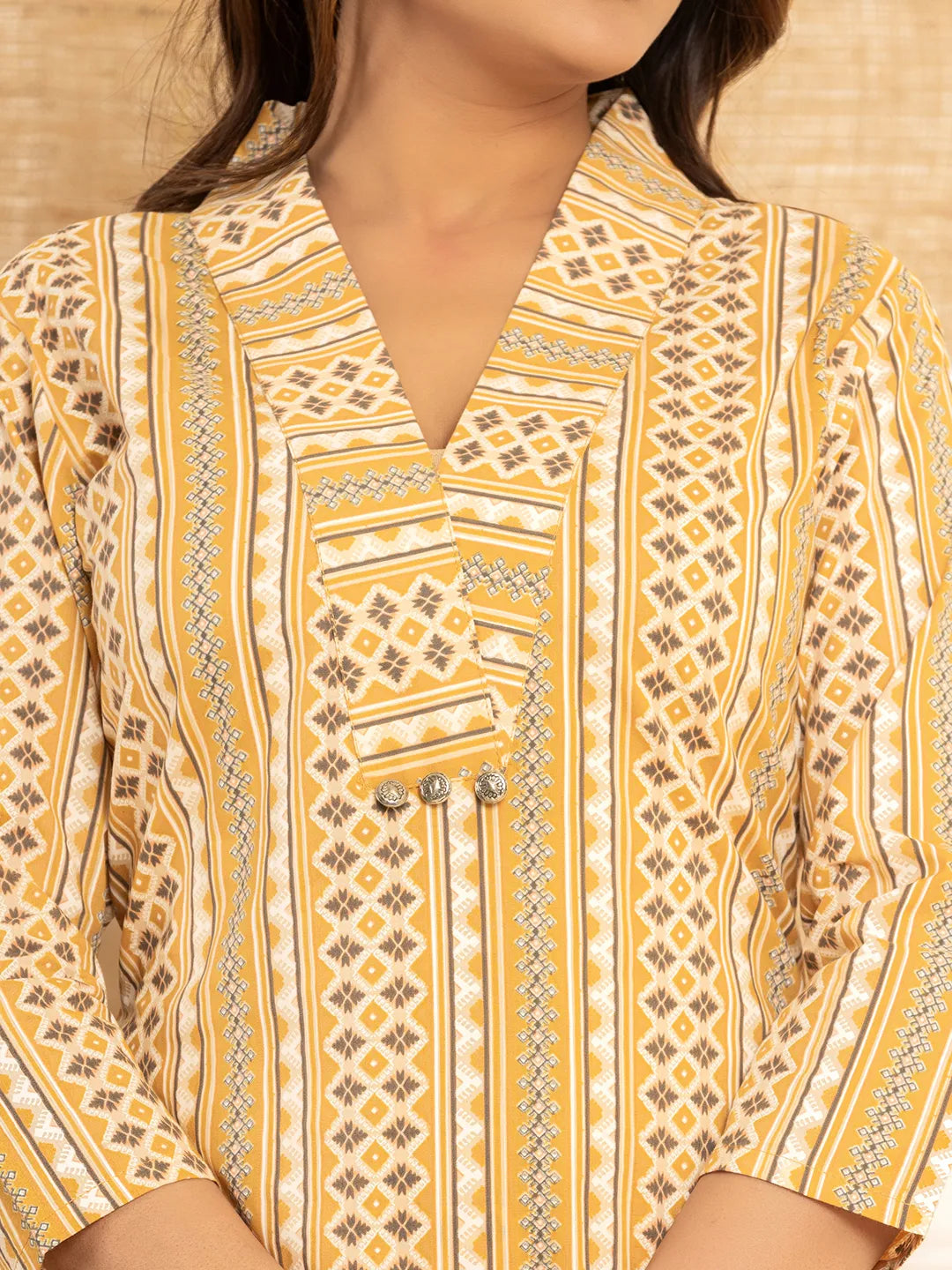 Yufta Mustard Cotton Ethnic Motifs Striped Print Co-Ord Set - Swadesiicart
