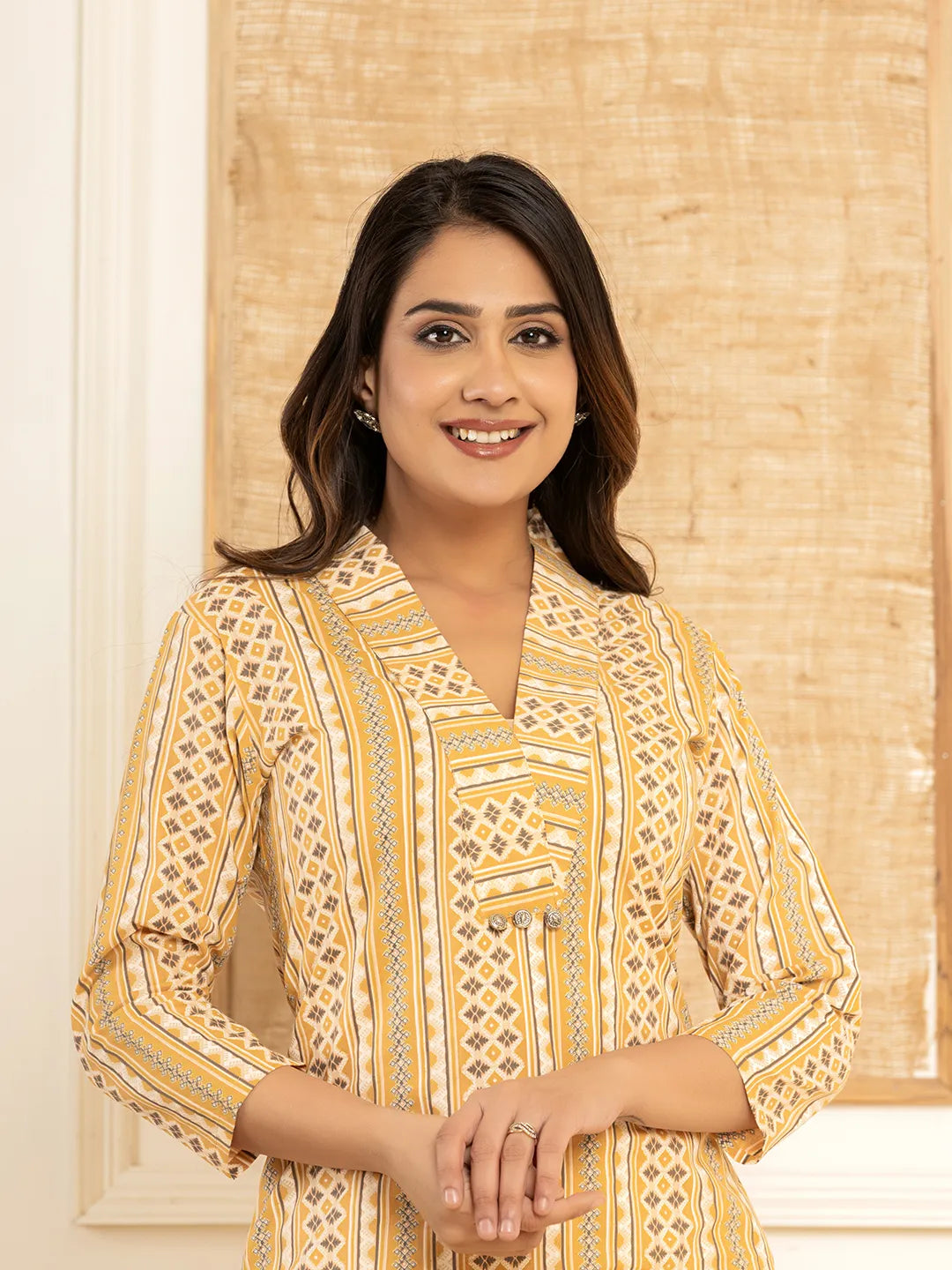 Yufta Mustard Cotton Ethnic Motifs Striped Print Co-Ord Set - Swadesiicart