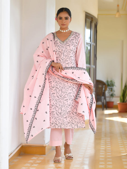 Vaasva Women's Cotton Solid Candy Embroidered Suit Set | Swadesiicart