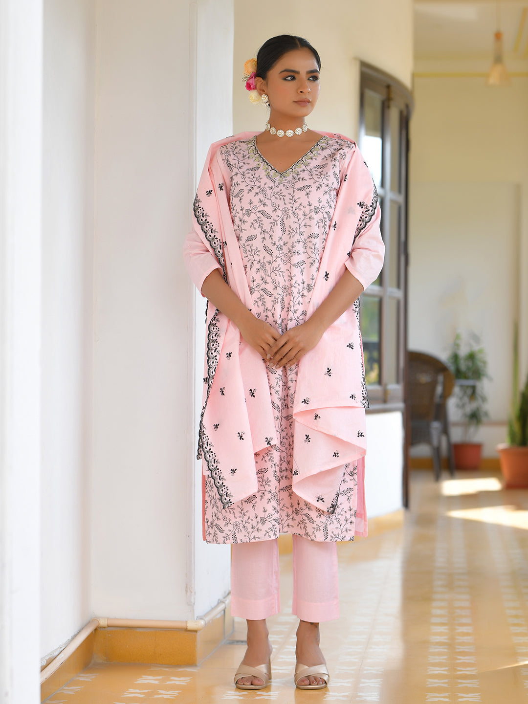 Vaasva Women's Cotton Solid Candy Embroidered Suit Set | Swadesiicart