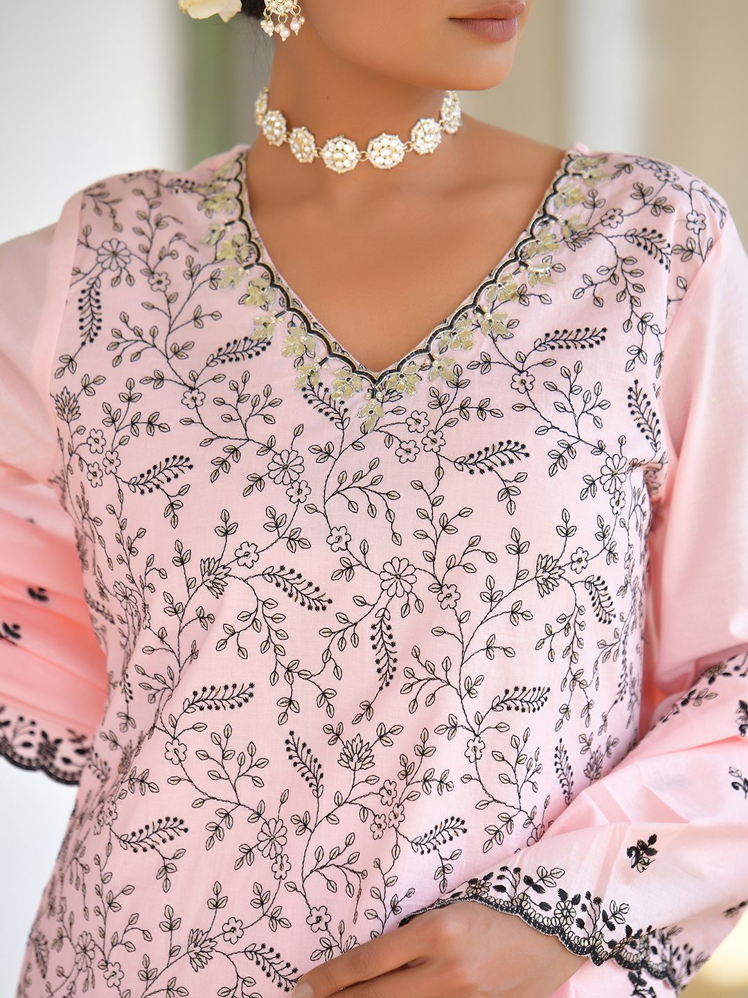 Vaasva Women's Cotton Solid Candy Embroidered Suit Set | Swadesiicart
