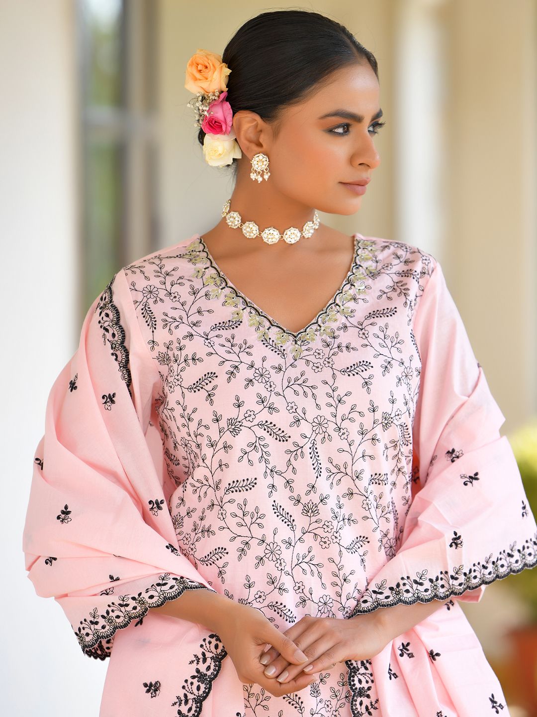 Vaasva Women's Cotton Solid Candy Embroidered Suit Set | Swadesiicart